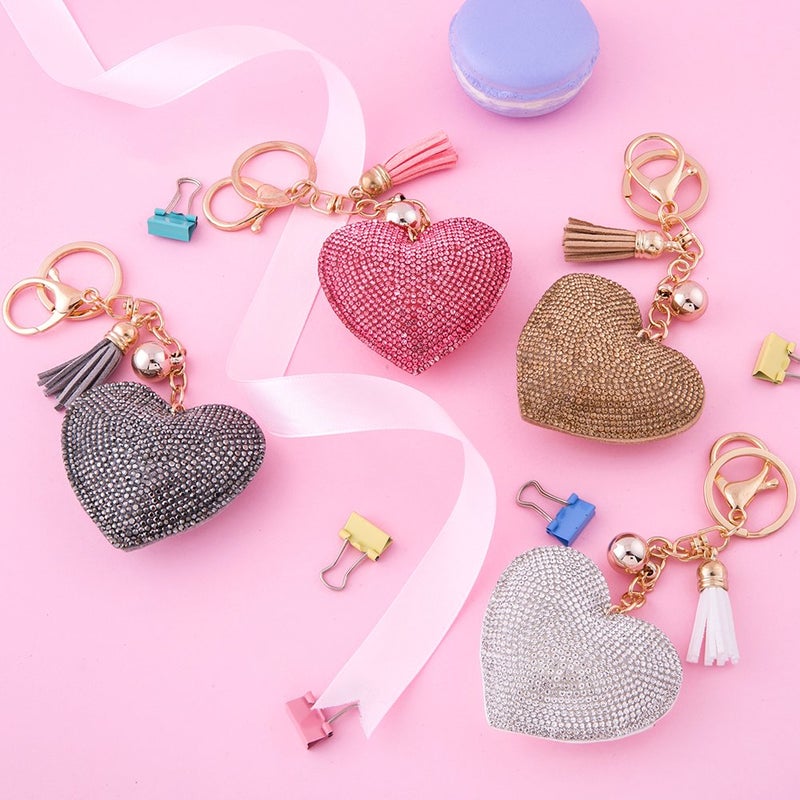 Soleebee Glitter Love Heart Keychain Premium SS6 Crystal Tassel Key Chain Leather Bag Charm for Women Girls (Light gold) - Image 2